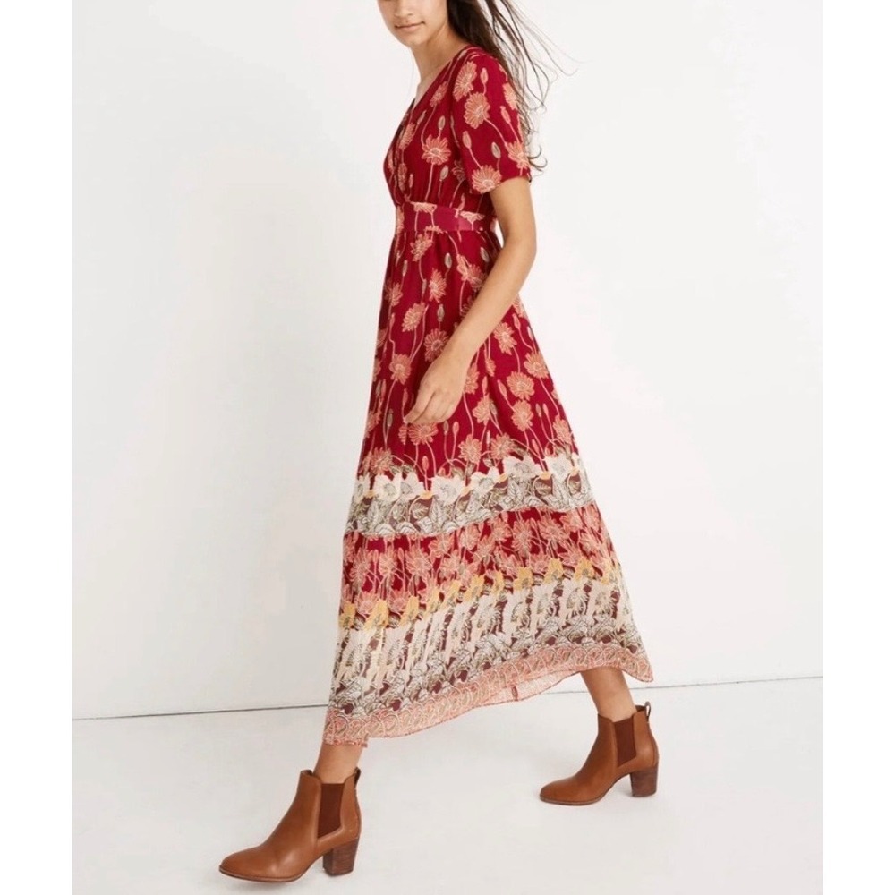 Madewell‎ Floral Poppy Maxi Dress Women 4 Red Flutter Sleeve Boho V-Neck Lined - Picture 12 of 12